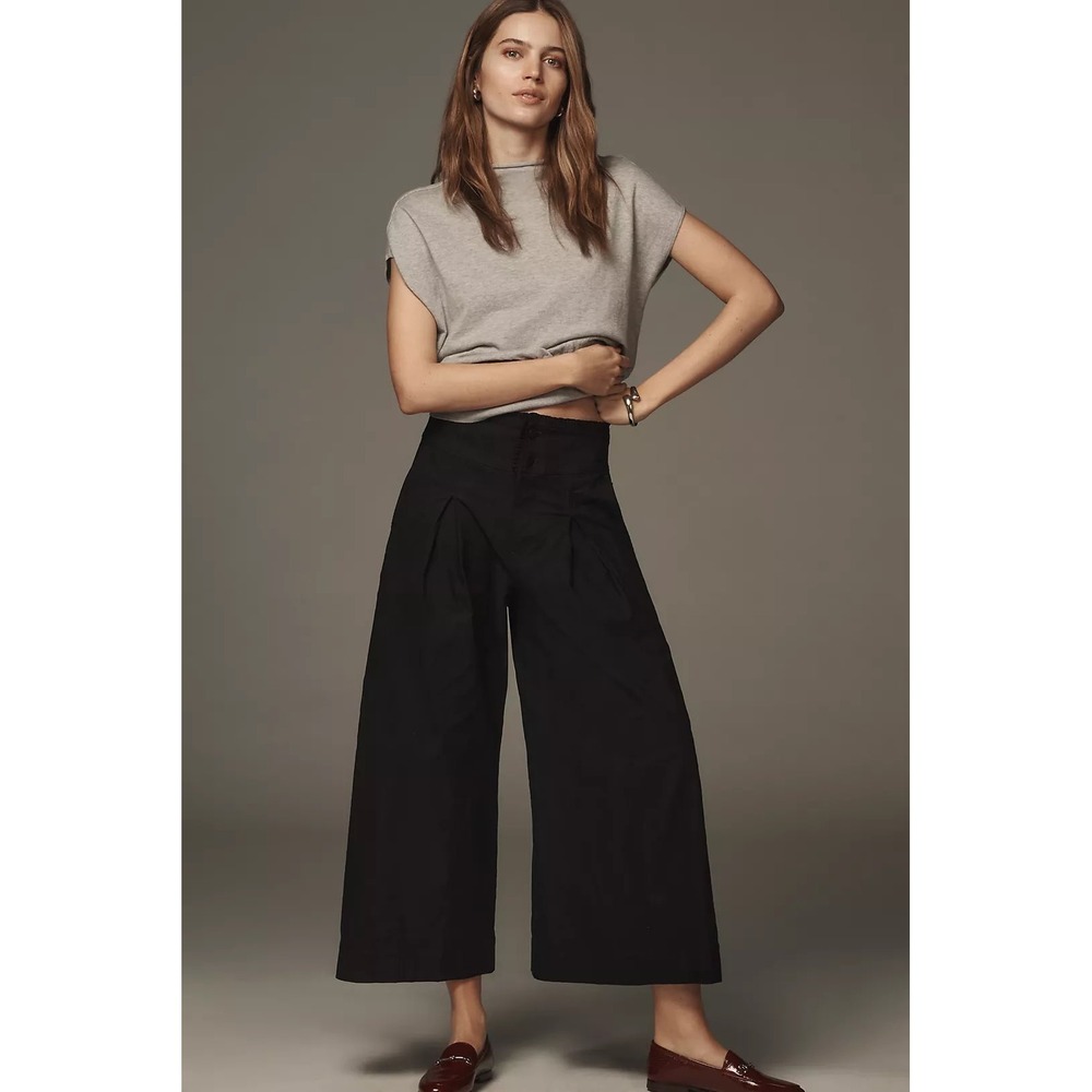 Maeve Anthropologie A-Line Yoke Culotte Wide Leg Pant Black Pleated High Rise 14